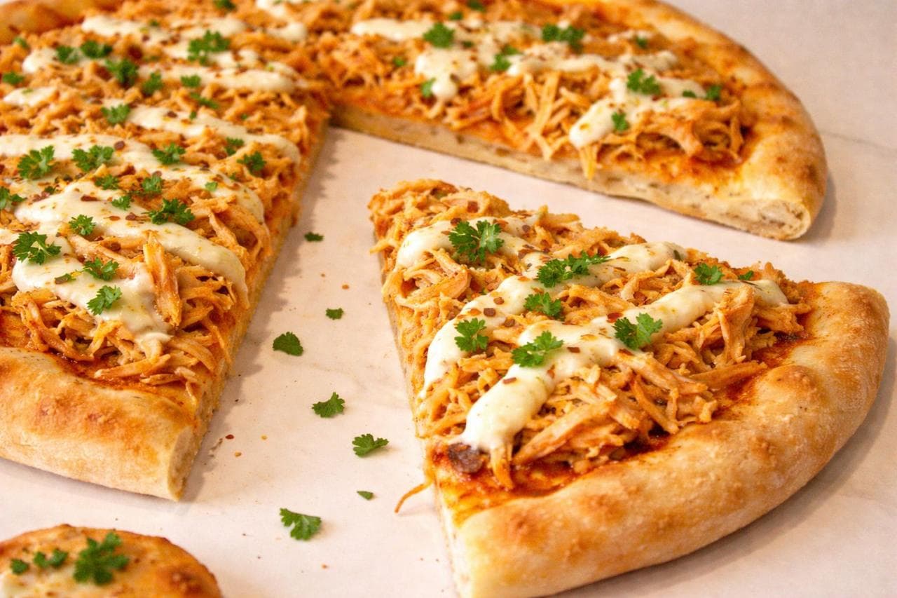 Frango — Massa de fermentação natural, molho de tomate caseiro, queijo e frango desfiado.